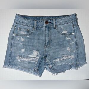 American Eagle TOMGIRL MIDI denim jean shorts distressed destroyed cut-offs SZ 2